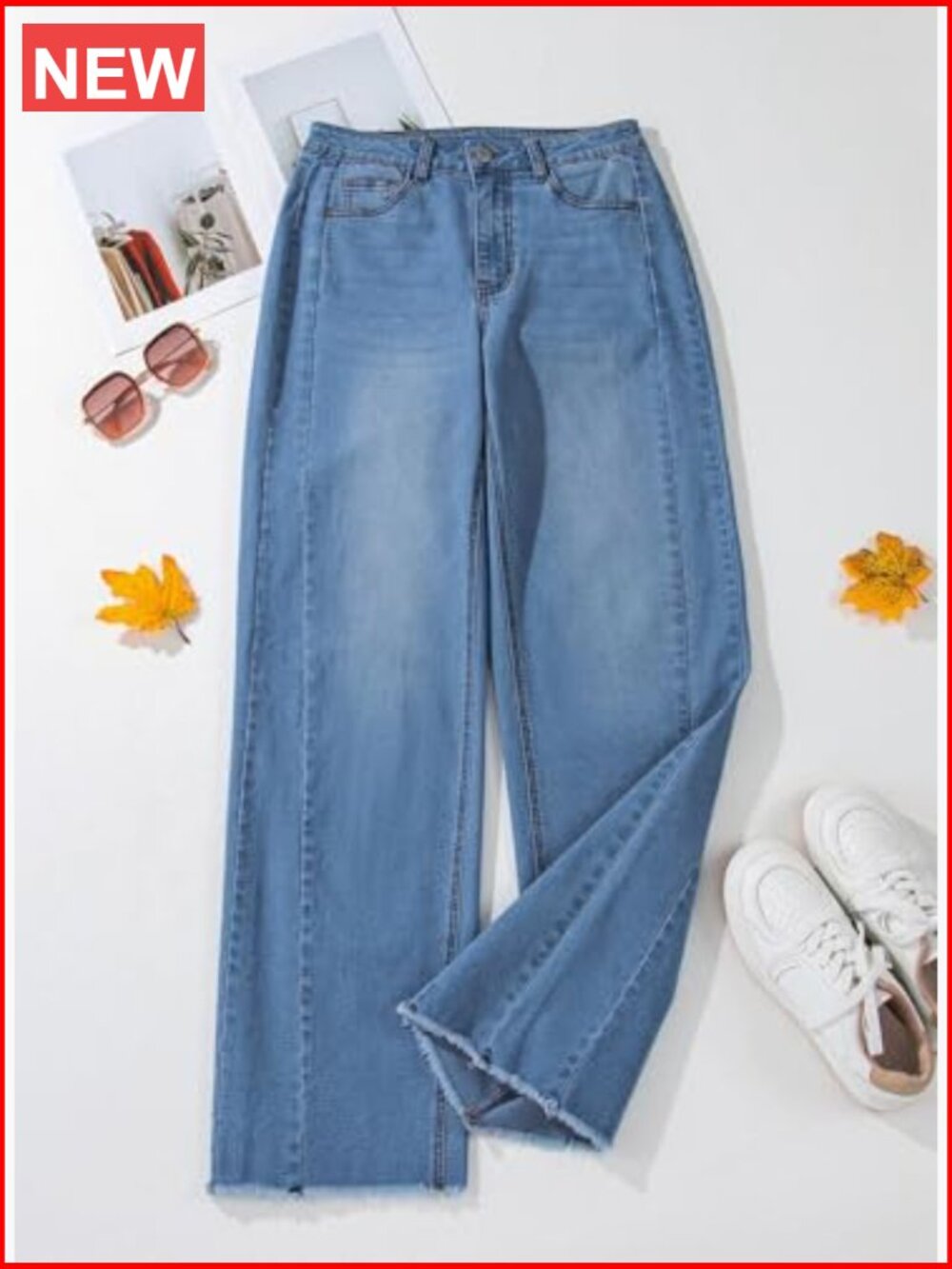 High Waisted Wide Leg Jeans with Raw Hem Stretchy Denim Pants - Picture 3 of 7